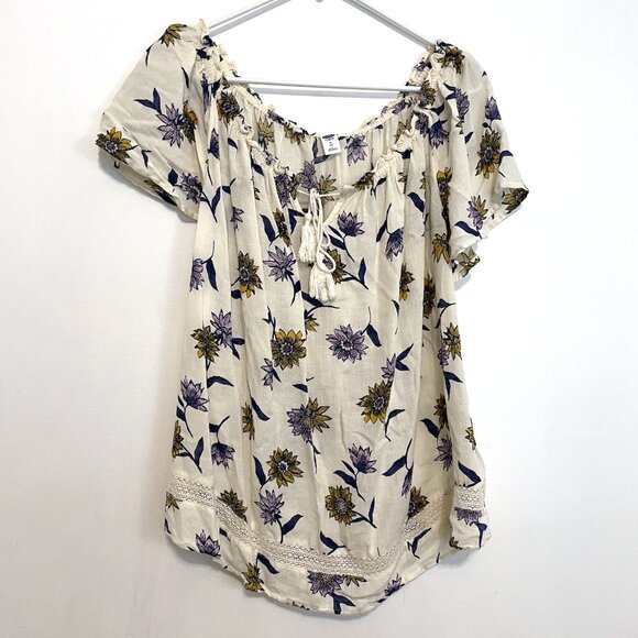 OLD NAVY Relaxed Tassel Tie Peasant Top Cream Ivory Floral Boho Off the Shoulder - Picture 2 of 13